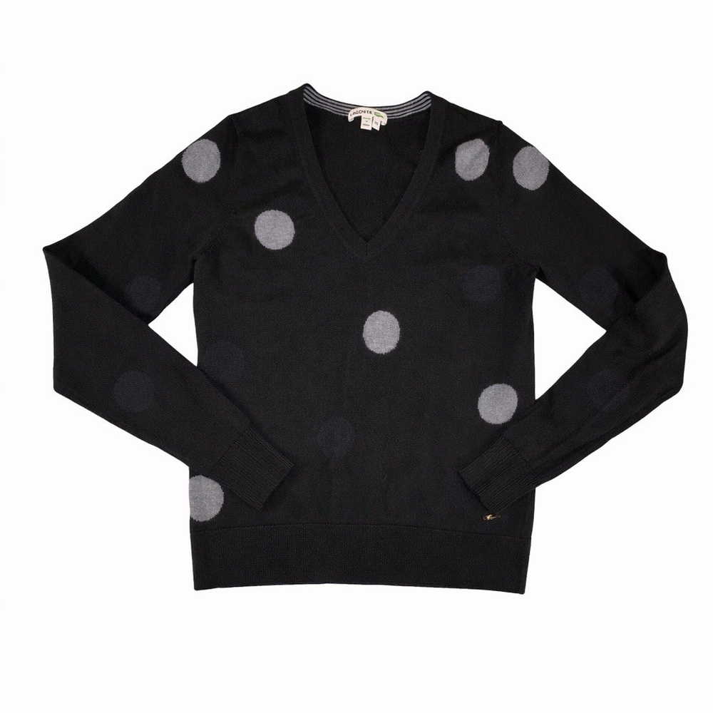 Lacoste Wool Blend Polka Dot Sweater Womens Size 36 Black Gray V Neck Logo